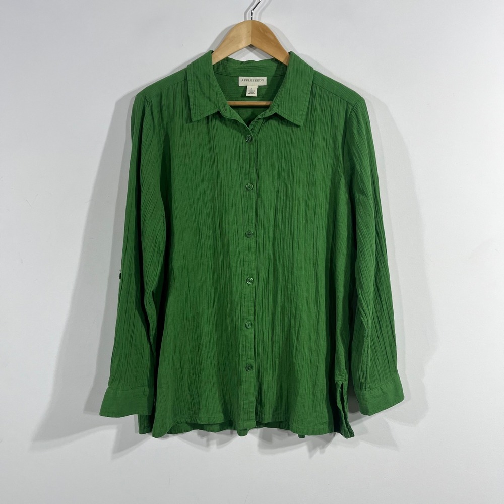 Appleseed VTG Boho Green Crinkle Gauze Button Down Top Womens Large 90s Grunge